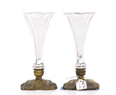 Lot 153 - A pair of French glass and brass bud vases