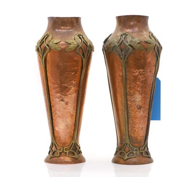 Lot 305 - A pair of Art Nouveau copper and brass vases