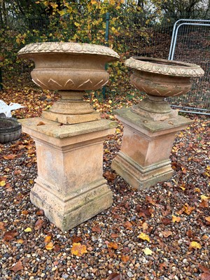 Lot 557 - A pair of terracotta garden urns