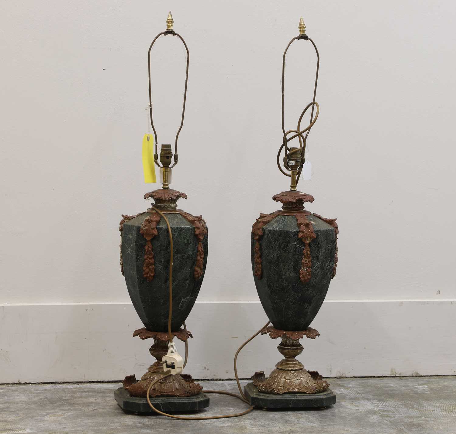 Lot 474 - A pair of faux green marble table lamps