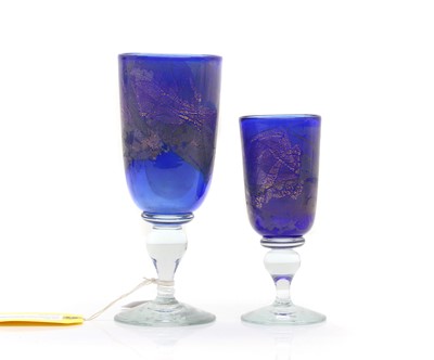 Lot 205 - Two studio glass cobalt blue goblets