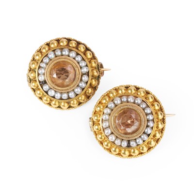 Lot 1004 - A set of two Victorian gold, yellow topaz and seed pearl brooches