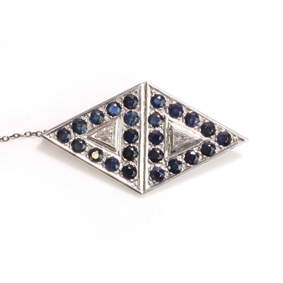 Lot 1126 - A sapphire and diamond plaque brooch