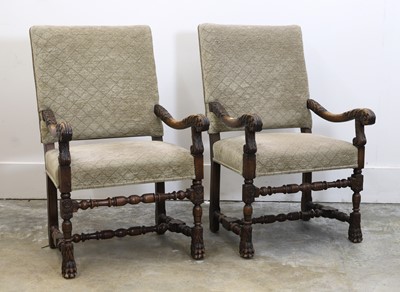 Lot 509 - A pair of carved walnut open armchairs