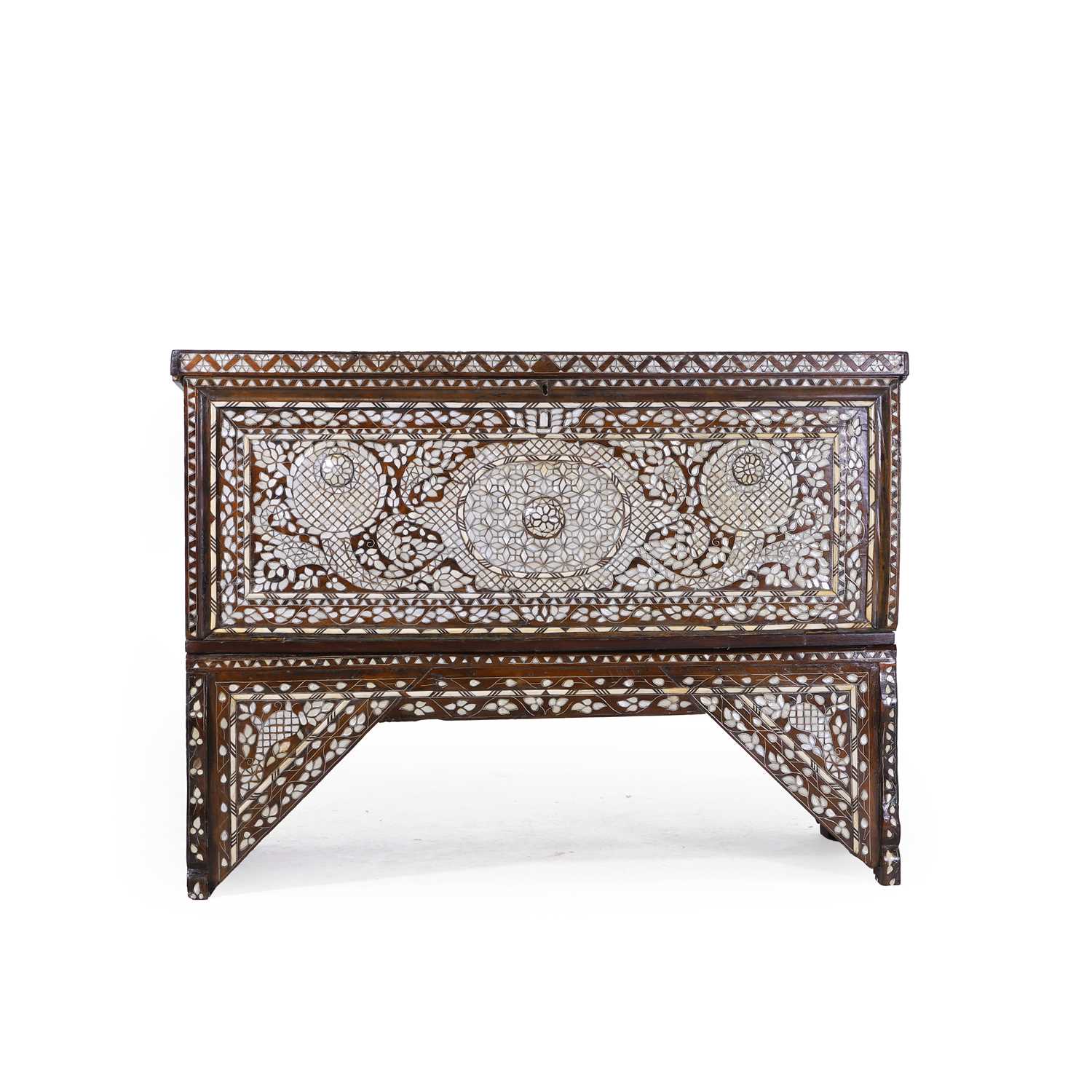 Lot 9 - A hardwood, ivory and mother-of-pearl chest-on-stand.
