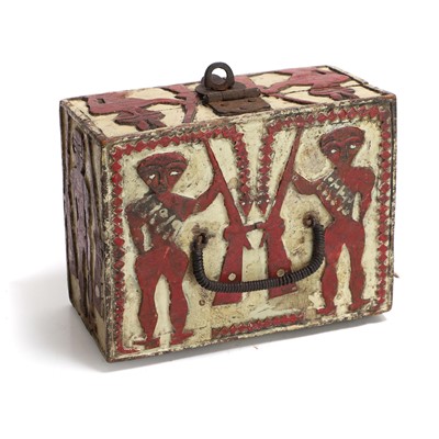 Lot 99 - A small polychrome blind fret-carved casket