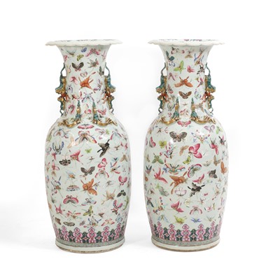 Lot 3 - A pair of large Canton 'butterfly' vases