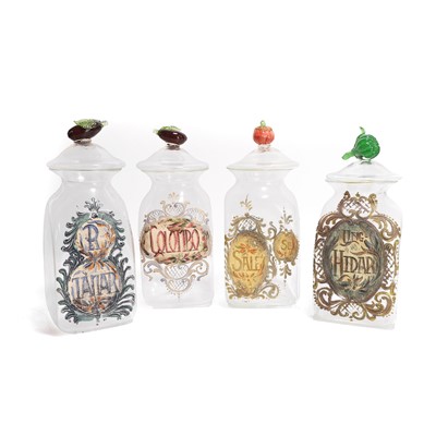 Lot 204 - A set of four enamelled glass apothecary jars