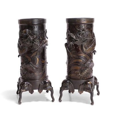 Lot 63 - A pair of bronze cylindrical vases