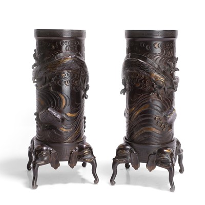 Lot 63 - A pair of bronze cylindrical vases