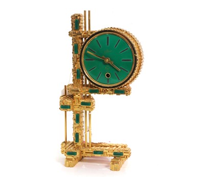 Lot 203 - A Schmid Brutalist gilt metal and faux malachite mantel timepiece.