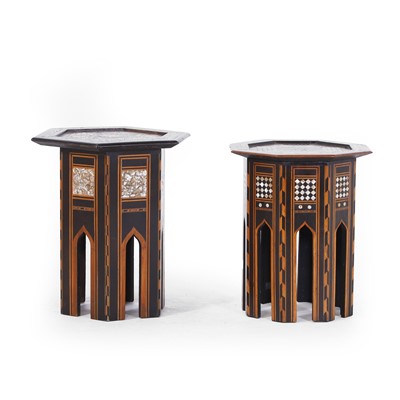 Lot 166 - A near pair of hardwood and mother-of-pearl inlaid occasional tables