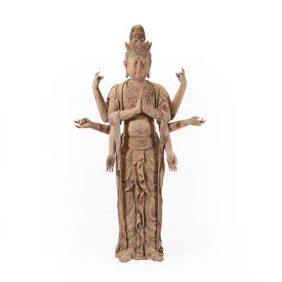 Lot 4 - A carved wood and gesso moulded figure of the eight-armed Avalokiteshvara