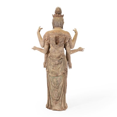Lot 4 - A carved wood and gesso moulded figure of the eight-armed Avalokiteshvara