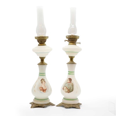 Lot 473 - A pair of opaline glass oil lamps