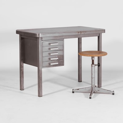 Lot 128 - A steel desk and a stool