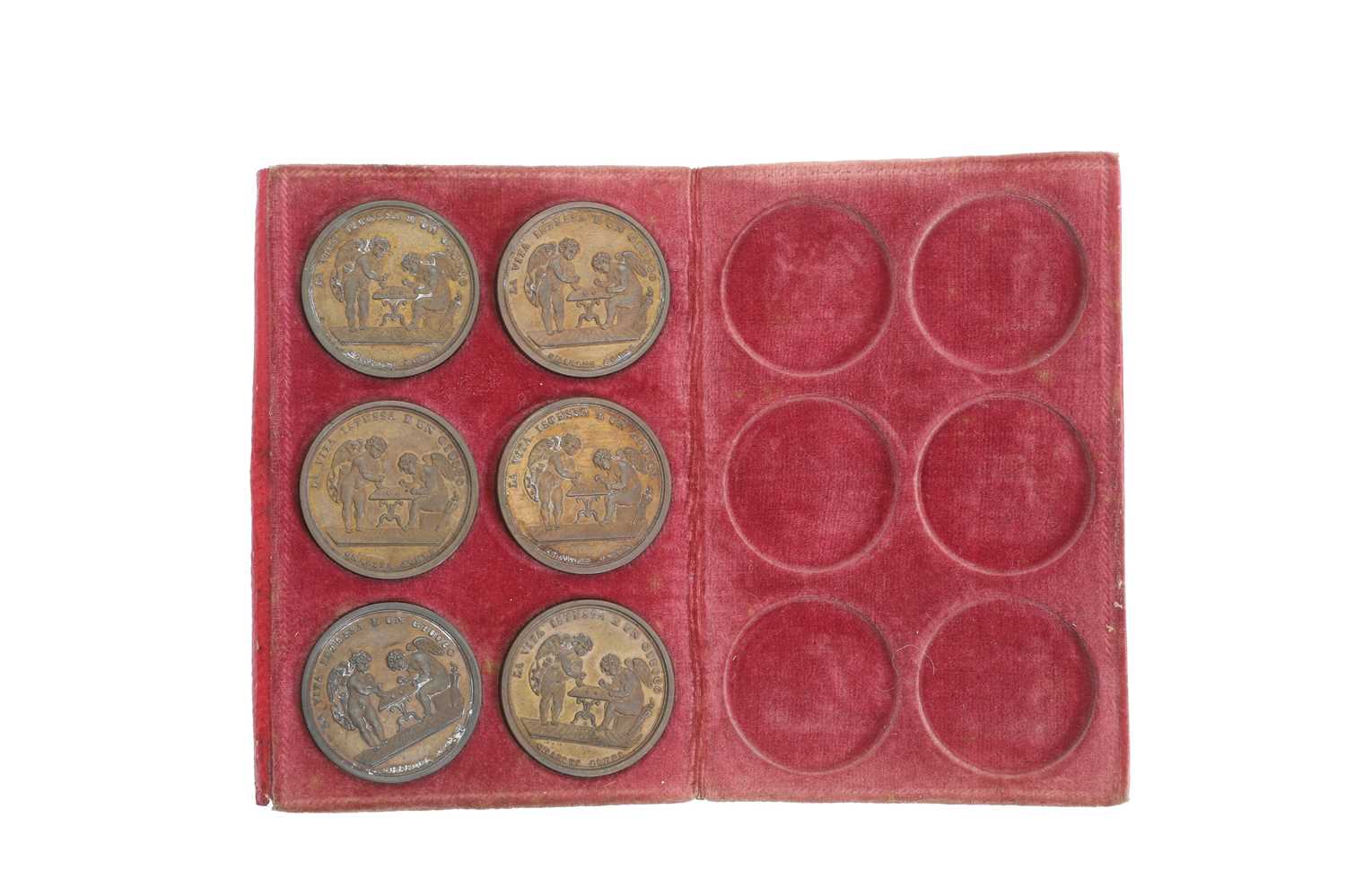Lot 316 - A set of six bronze Pantechnetheca medallions