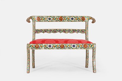 Lot A silver-metal and enamel-clad settee in the Regency style