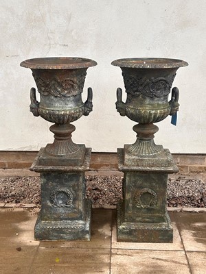 Lot 551 - A pair of cast iron Campana urns and stands