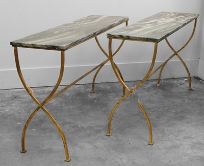 Lot 534 - A pair of marble and brass console tables
