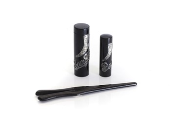 Lot 318 - A group of three ebony and silver-mounted dressing table pieces